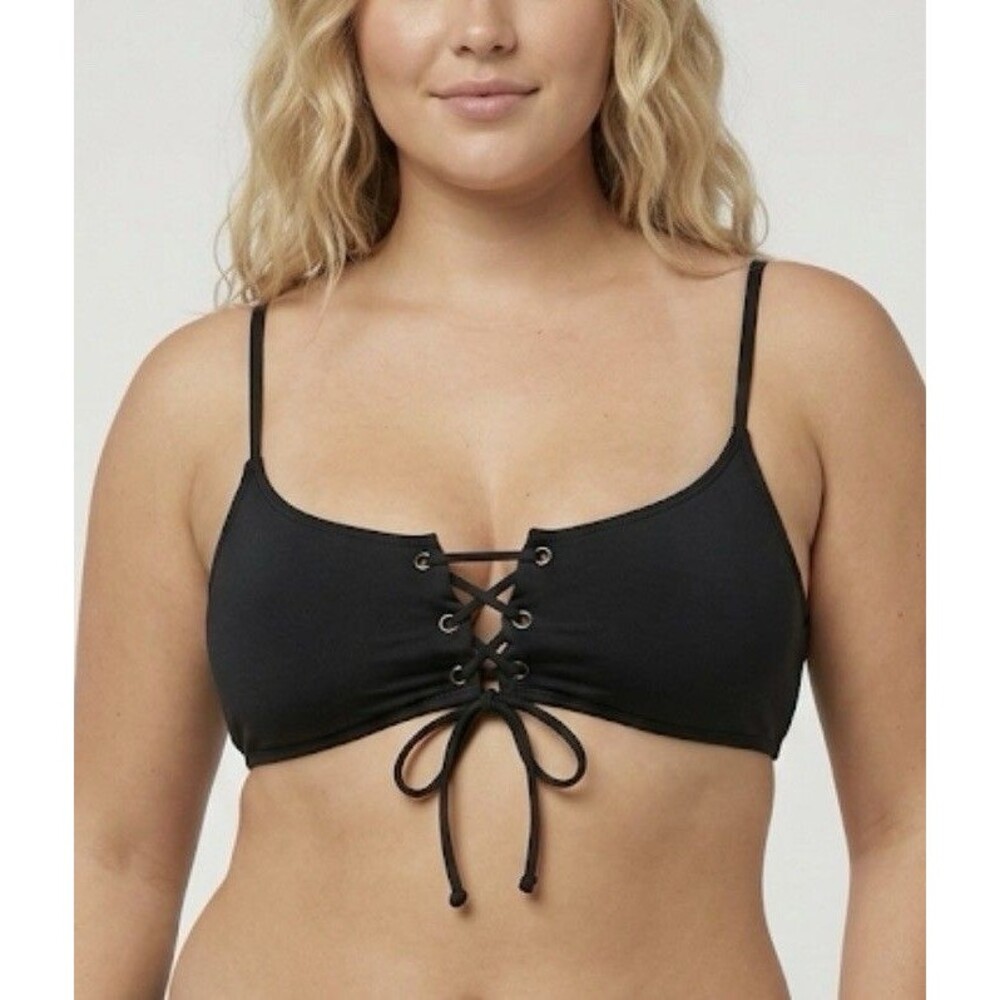 O'Neill Lace-Up Bikini TOP Sporty Saltwater Solids Black Womens Size XL NEW